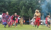 Hope Rodriguez, 8, left, of St. Clair and Bella Brown, 9, of Redline, participate in traditional Native American Dance during the Inter-Tribal Native American Pow Wow, held this weekend at Camp Rotawanis near Drums.  The 2-day event celebrated Native American Heritage at the camp, owned by the Anthracite Scouting Organization.