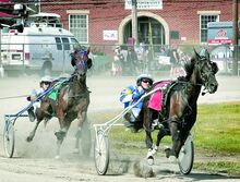 Steve Cook drives Gingertree Carilin around a turn ahead of Adroit Hanover in the Richard “Dick” Roadarmel Memorial Race, a one-mile pace seventh race, at the Bloomsburg Fair on Saturday. Gingertree Carilin went on to win the race with a $7,800 purse. 