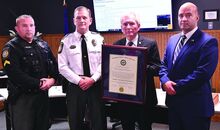 The Mahoning Township Police Department has been accredited by the the Pennsylvania Law Enforcement Accreditation Commission (PLEAC) and were publicly presented with a plaque during Monday evening’s township meeting. Shown from left are, Corporal Jason Bedisky, Chief Fred Dyroff, James Adams, PLECA Accreditation Program Coordinator and Terry Ketchem, State Police Accreditation Manager.  