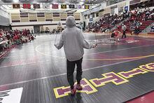 Schuylkill Valley’s Ian Vitola jumps rope at the edge of the mat while waiting for his match while wrestling Crestwood during the second round of the Bob Rohn Wrestling Tournament Wednesday at the Bloomsburg University Nelson Field House.