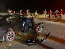 A Honda sedan and a Jeep came to rest against opposite sides of the Berwick-Nescopeck bridge after colliding over the Susquehanna River Tuesday evening. Both drivers went to the hospital by ambulance with what a fire official described as moderate injuries.