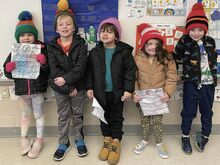 Head Start parent Stephanie Secules recently knitted 18 unique hats for students. From left, pictured above, are Jessi Woolcock, Cooper Vining, Owen Kessler, Vittoria Tucci and Raylan Stout.