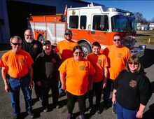 LIME RIDGE FIRE COMPANY MEMBERS, from left, Herb Kline, Charles Fedder, Les Rupert, Cody Kline, Cassandra Sponenberg, Aiden Sponenberg, Steve Sponenberg and Carla Hess stand outside the fi re hall Monday. They are asking for egg donations and monetary donations for the Easter Scavenger Hunt 