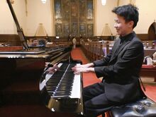 Bloomsburg’s Richard Qian, 14, above, rehearses his solo before his performance in the free concert at the First Presbyterian Church in Bloomsburg Saturday night. Qian won the 2023 Music Teachers National Association Competition for Pennsylvania.