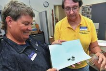 Suann Leighow, left, and Mary Jo Gibson display two European hornets on a piece of paper next to a quarter to show their size. The Master Gardeners made the demonstration Wednesday afternoon at the Penn State Extension office in Scott Township.