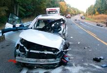 A Subaru Impreza sustained heavy front-end and passenger-side damage in a crash on MidValley Road in Conyngham Township Thursday afternoon. The crash was a mile from Route 42 at Aristes.