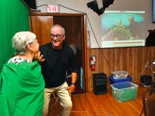 Rand Whipple demonstrates a green-screen effect on Berwick Senior Center’s Lettie Kukurlo during a presentation Wednesday morning at the center on Orange Street.