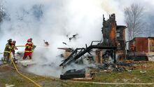 Firefighters from Beaver and Main townships, as well as Catawissa and Nuremburg, battle a fi re that destroyed Jarret Lenhardt’s trailer home at 610 Mountain Road in Beaver Township on Saturday morning.