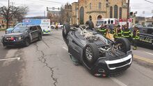 A two-vehicle crach in Berwick landed a Jeep Grand Cherokee on its roof on Market Street at Second Street on Thursday afternoon. The Jeep driver was taken to the hospital after the crash.