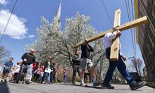 The Bloomsburg Ministerium Cross Walk starts from the First Presbyterian Church along Market Street in Bloomsburg just after noon on Good Friday.