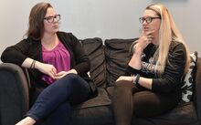 Sandy Bothell, left, sits with Melissa Allard of Stillwater during an interview at Bothell’s home in Orange Township on Monday morning. Former Geisinger Medical Center worker Allard met and befriended Kim Lander when her baby daughter was hospitalized with brain injuries. Bothell is friends with Allard and is also a grandparent to two of Christopher Lindsay’s three sons. Lindsay, who is Lander’s fiancé, has been charged with injuring the infant. Lander and Lindsay were arrested at a Dunmore hotel last week.